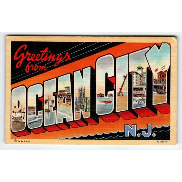 Vintage Postcard - Greetings From Ocean City New Jersey - Large Letter Linen - Picture 1 of 2